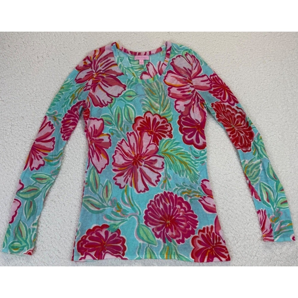 Lilly Pulitzer Womens Small Blue Pink Floral Cotton Long Sleeve Knit Top